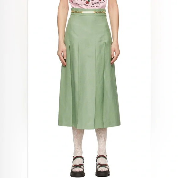 Gucci Green Viscose & Linen Pleated Skirt pre-owned size S - Picture 3 of 11
